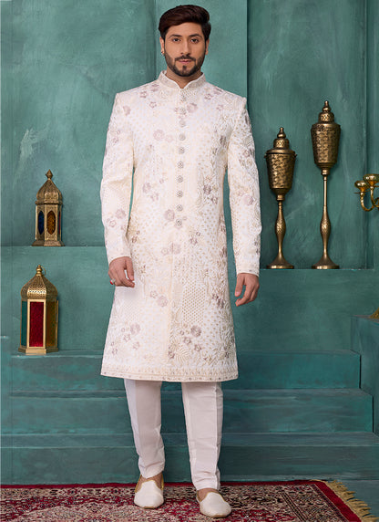 Cream Art Silk Computer Thread Work Party Wear Readymade Sherwani SW711254