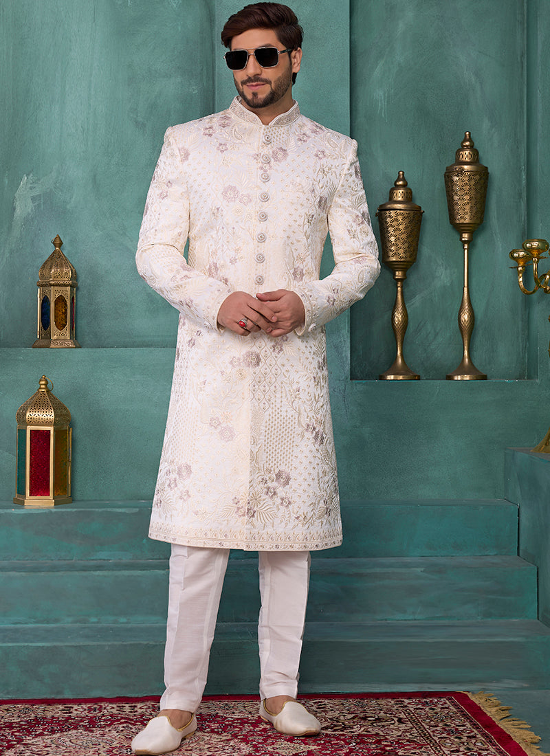 Cream Art Silk Computer Thread Work Party Wear Readymade Sherwani SW711254