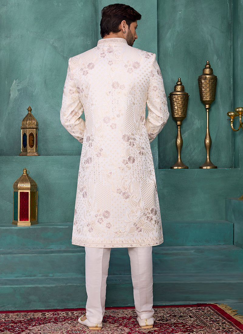 Cream Art Silk Computer Thread Work Party Wear Readymade Sherwani SW711254
