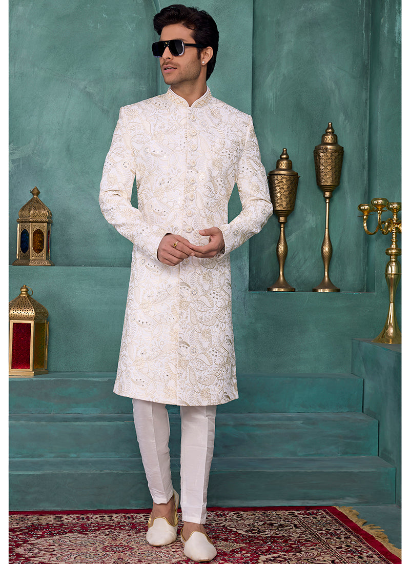 Cream Art Silk Computer Thread Work Party Wear Readymade Sherwani SW900022