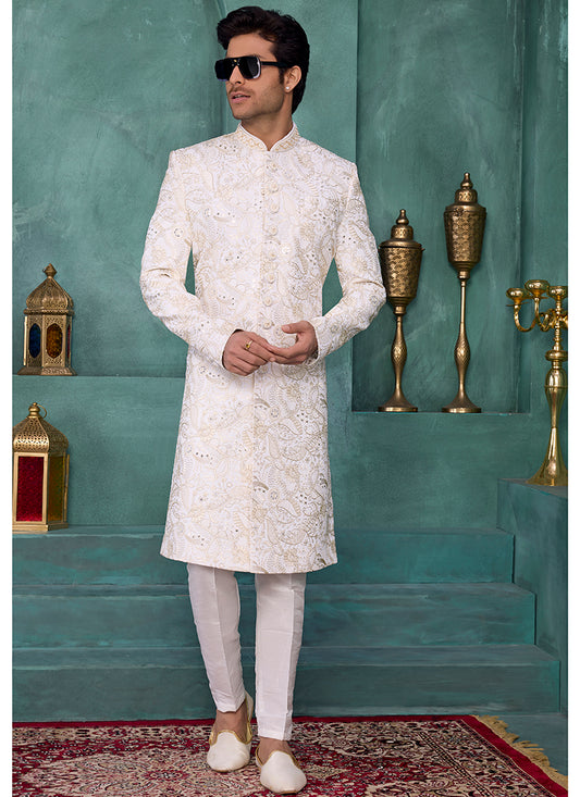 Cream Art Silk Computer Thread Work Party Wear Readymade Sherwani SW900022