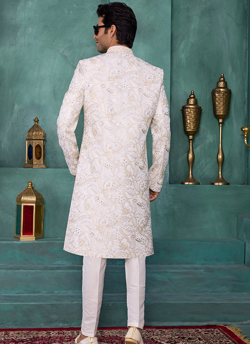 Cream Art Silk Computer Thread Work Party Wear Readymade Sherwani SW900022
