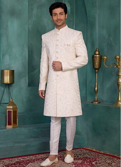 Cream Art Silk Computer Thread Work Party Wear Readymade Sherwani SW440859
