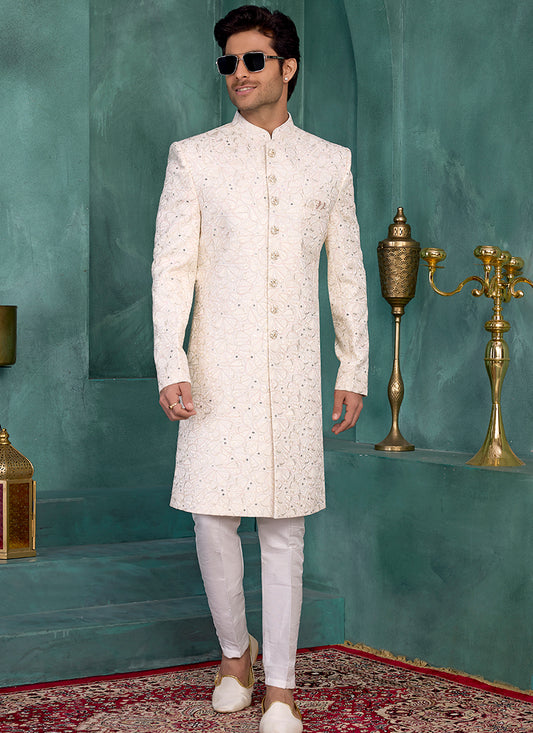 Cream Art Silk Computer Thread Work Party Wear Readymade Sherwani SW440859