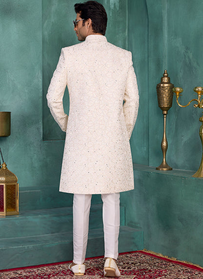 Cream Art Silk Computer Thread Work Party Wear Readymade Sherwani SW440859