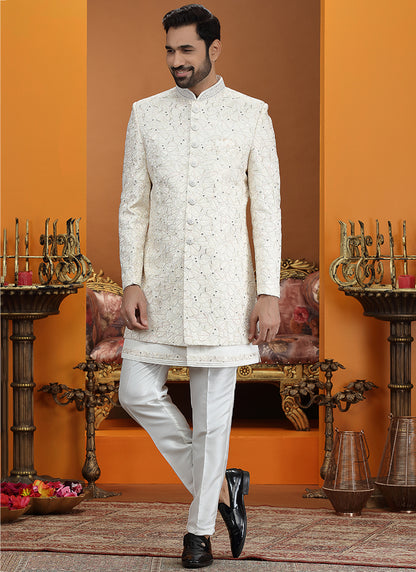 Cream Art Silk Computer Thread Work Wedding Wear Readymade Indowestern Sherwani SW792494