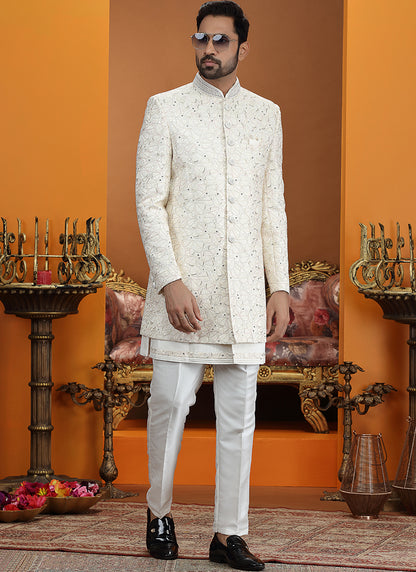 Cream Art Silk Computer Thread Work Wedding Wear Readymade Indowestern Sherwani SW792494