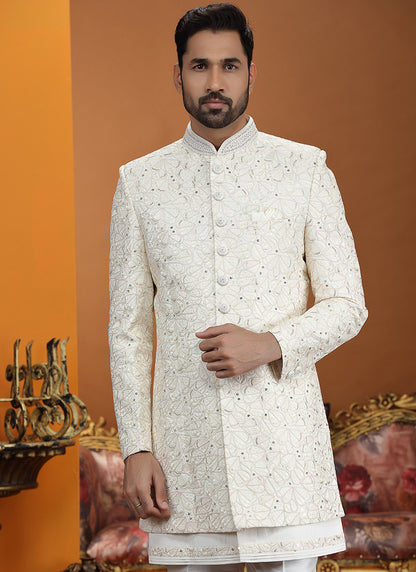 Cream Art Silk Computer Thread Work Wedding Wear Readymade Indowestern Sherwani SW792494