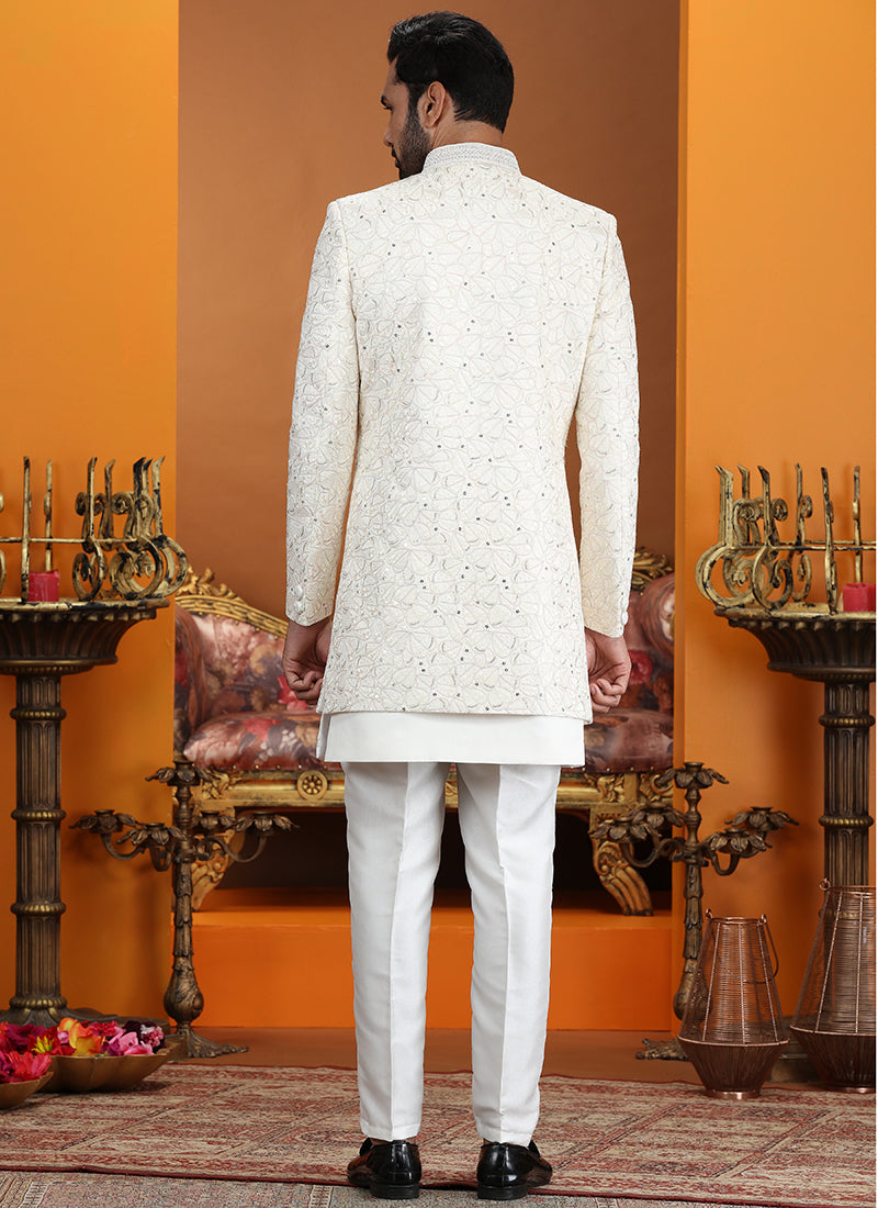Cream Art Silk Computer Thread Work Wedding Wear Readymade Indowestern Sherwani SW792494