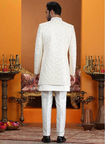 Cream Art Silk Computer Thread Work Wedding Wear Readymade Indowestern Sherwani SW792494