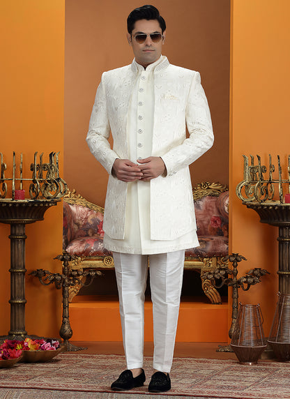 Cream Art Silk Computer Thread Work Wedding Wear Readymade Indowestern Sherwani SW823919