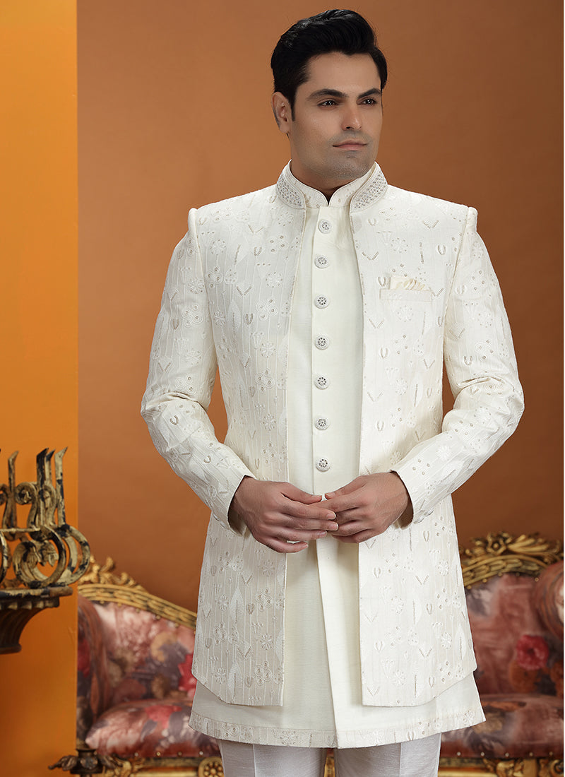 Cream Art Silk Computer Thread Work Wedding Wear Readymade Indowestern Sherwani SW823919