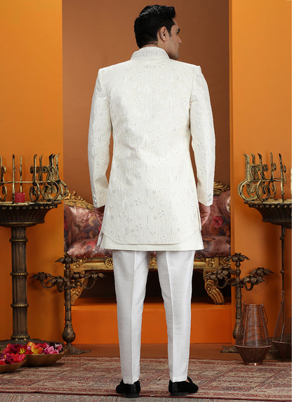 Cream Art Silk Computer Thread Work Wedding Wear Readymade Indowestern Sherwani SW823919