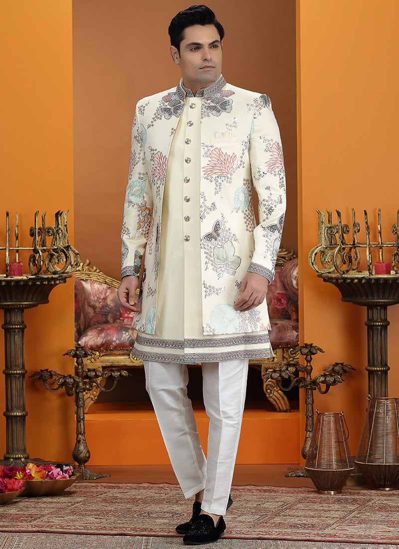 Cream Art Silk Computer Thread Work Wedding Wear Readymade Indowestern Sherwani SW226372