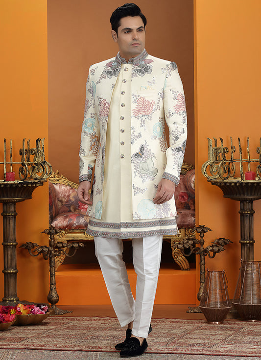 Cream Art Silk Computer Thread Work Wedding Wear Readymade Indowestern Sherwani SW226372