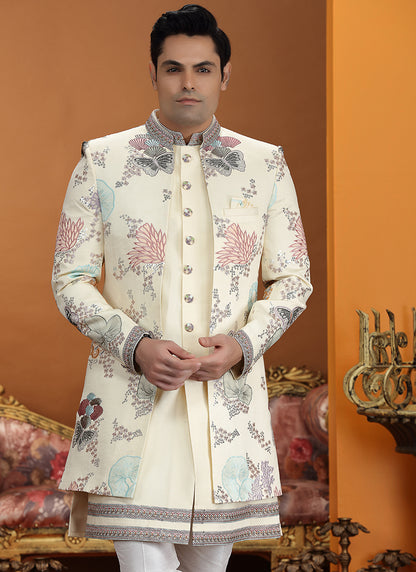 Cream Art Silk Computer Thread Work Wedding Wear Readymade Indowestern Sherwani SW226372