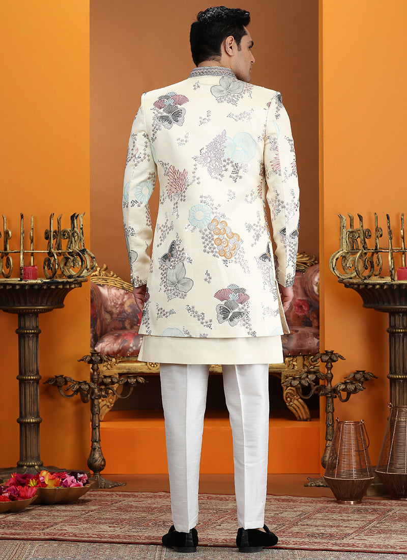 Cream Art Silk Computer Thread Work Wedding Wear Readymade Indowestern Sherwani SW226372