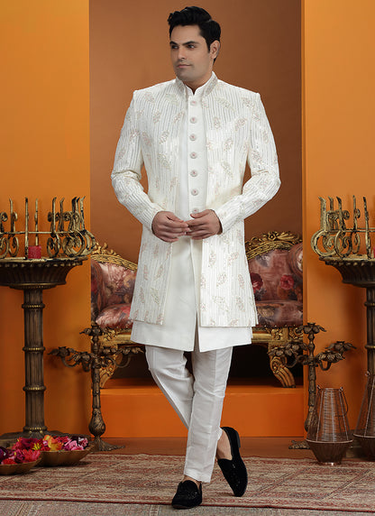 Cream Art Silk Computer Thread Work Wedding Wear Readymade Indowestern Sherwani SW695596