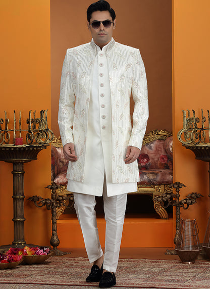 Cream Art Silk Computer Thread Work Wedding Wear Readymade Indowestern Sherwani SW695596