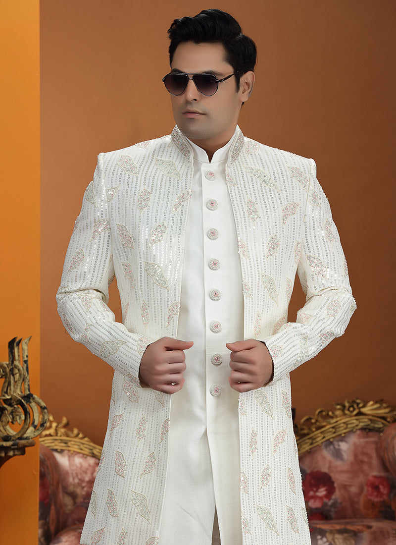 Cream Art Silk Computer Thread Work Wedding Wear Readymade Indowestern Sherwani SW695596