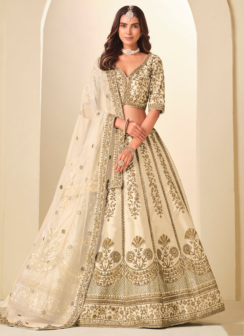 Cream Art Silk Embroidery Work Wedding Wear Lehenga Choli SW152906