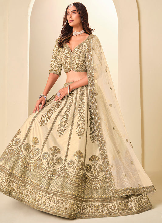 Cream Art Silk Embroidery Work Wedding Wear Lehenga Choli SW152906