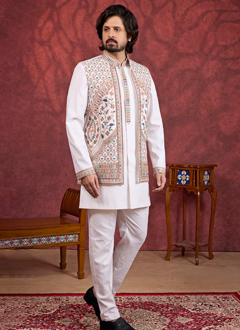 Art Silk Cream Wedding Wear Embroidery Work Readymade IndoWestern Sherwani 387379