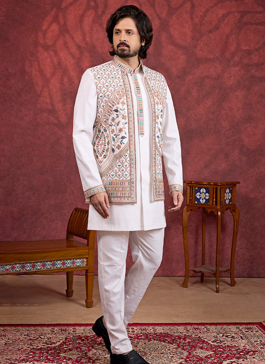 Art Silk Cream Wedding Wear Embroidery Work Readymade IndoWestern Sherwani 387379