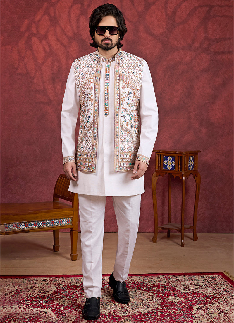 Art Silk Cream Wedding Wear Embroidery Work Readymade IndoWestern Sherwani 387379
