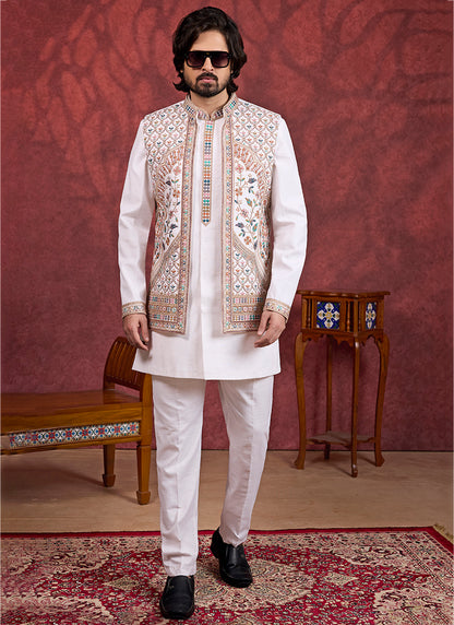 Art Silk Cream Wedding Wear Embroidery Work Readymade IndoWestern Sherwani 387379