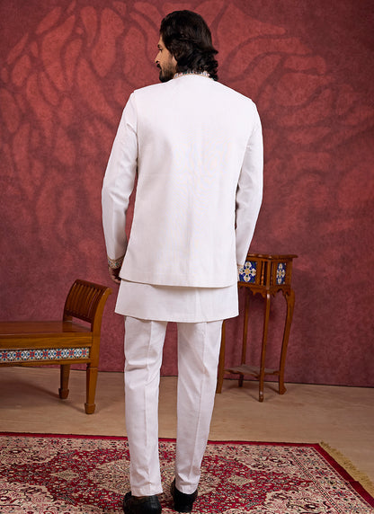 Art Silk Cream Wedding Wear Embroidery Work Readymade IndoWestern Sherwani 387379