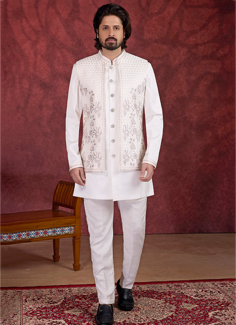 Art Silk Cream Wedding Wear Embroidery Work Readymade IndoWestern Sherwani 387381