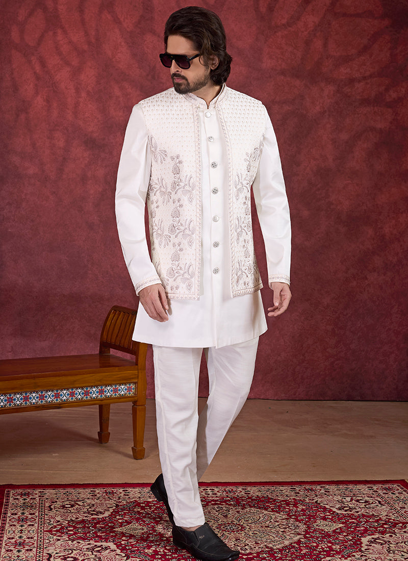 Art Silk Cream Wedding Wear Embroidery Work Readymade IndoWestern Sherwani 387381