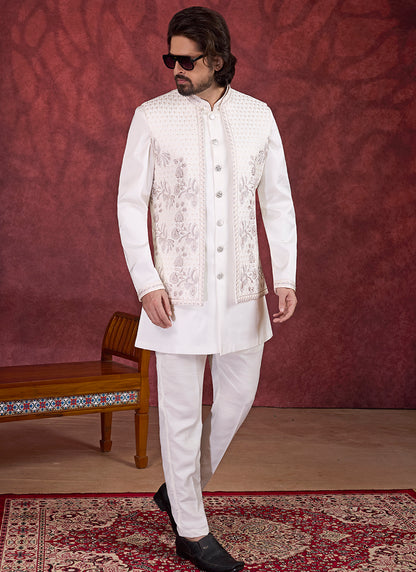 Art Silk Cream Wedding Wear Embroidery Work Readymade IndoWestern Sherwani 387381