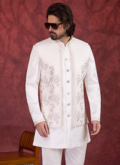 Art Silk Cream Wedding Wear Embroidery Work Readymade IndoWestern Sherwani 387381