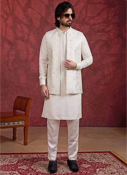 Art Silk Cream Wedding Wear Embroidery Work Readymade IndoWestern Sherwani 387384