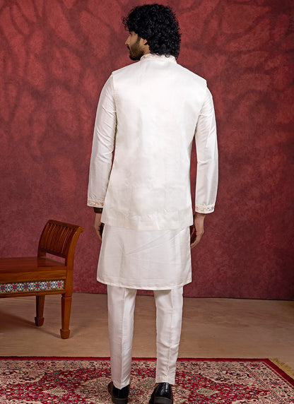 Art Silk Cream Wedding Wear Embroidery Work Readymade IndoWestern Sherwani 387384