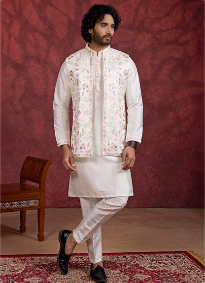 Art Silk Cream Wedding Wear Embroidery Work Readymade IndoWestern Sherwani 387386