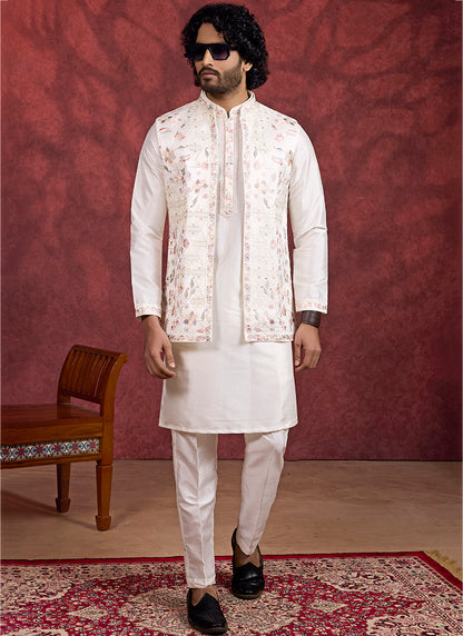 Art Silk Cream Wedding Wear Embroidery Work Readymade IndoWestern Sherwani 387386