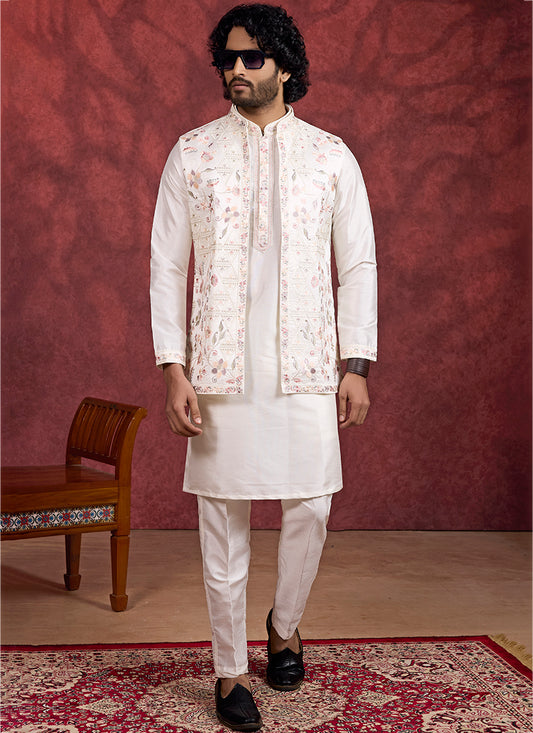 Art Silk Cream Wedding Wear Embroidery Work Readymade IndoWestern Sherwani 387386