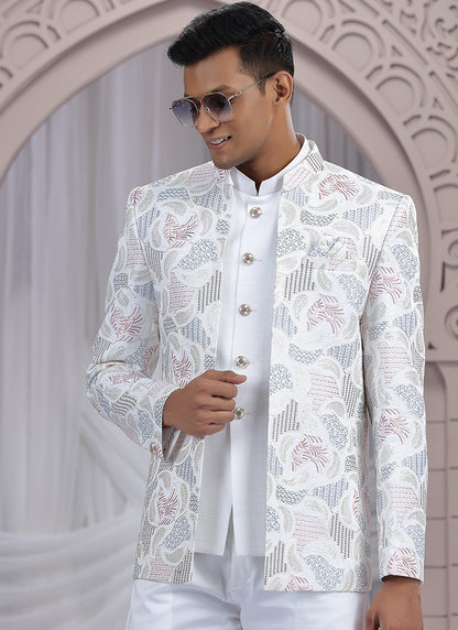 Art Silk Cream Wedding Wear Pattern Pc Work Readymade Indo Western 385493