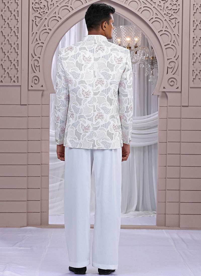 Art Silk Cream Wedding Wear Pattern Pc Work Readymade Indo Western 385493