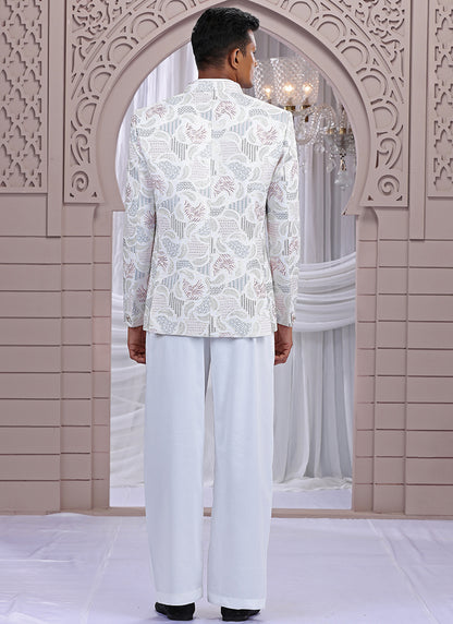 Art Silk Cream Wedding Wear Pattern Pc Work Readymade Indo Western 385493