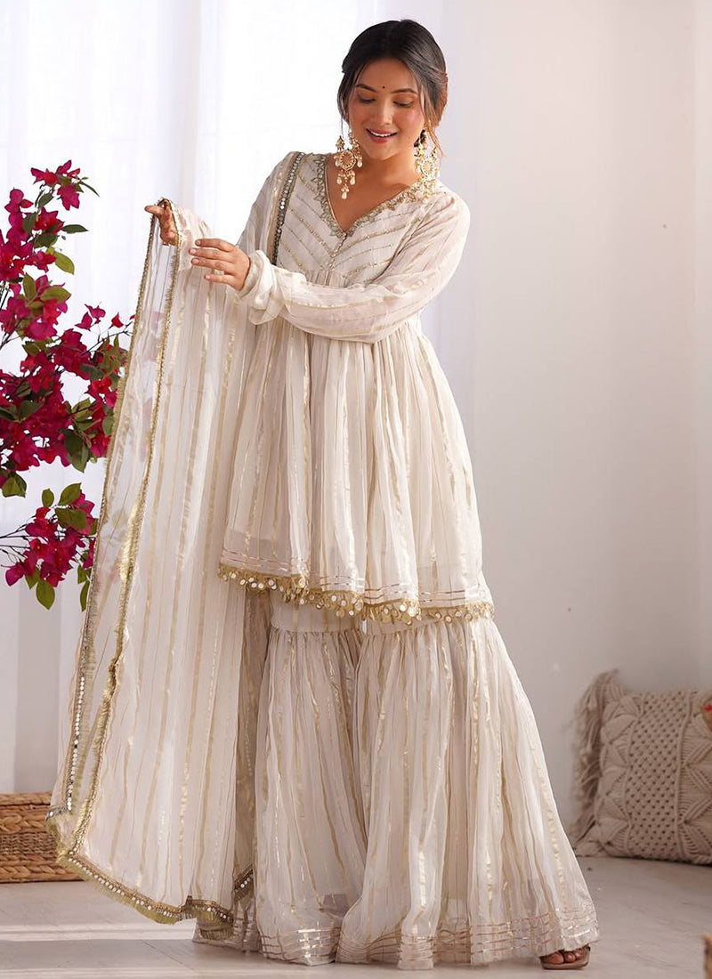 Chanderi Cream Festival Wear Zari Work Readymade Sharara Suit 383151