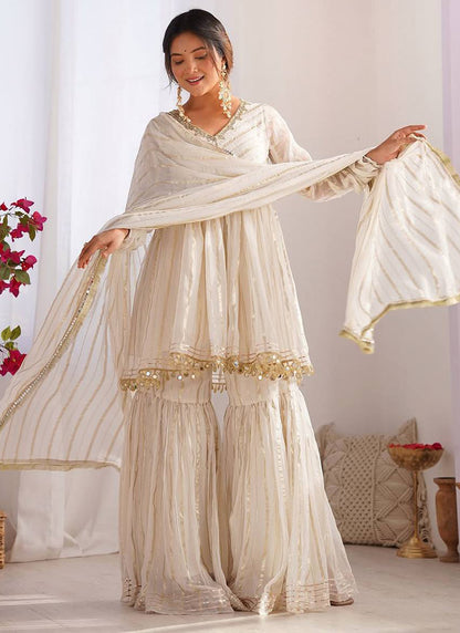 Chanderi Cream Festival Wear Zari Work Readymade Sharara Suit 383151