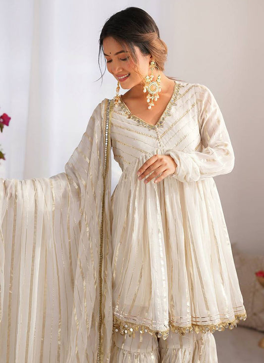 Chanderi Cream Festival Wear Zari Work Readymade Sharara Suit 383151