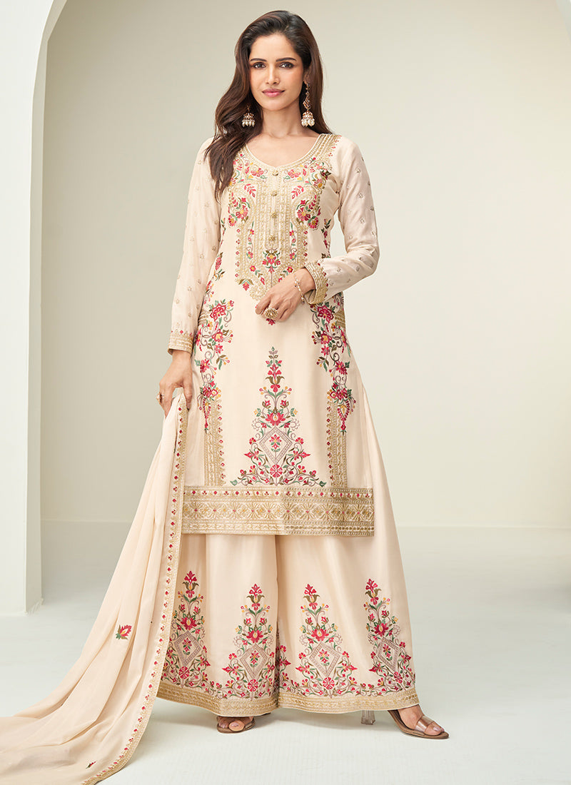 Chinnon Cream Festival Wear Embroidery Work Readymade Plazzo Suit 385429