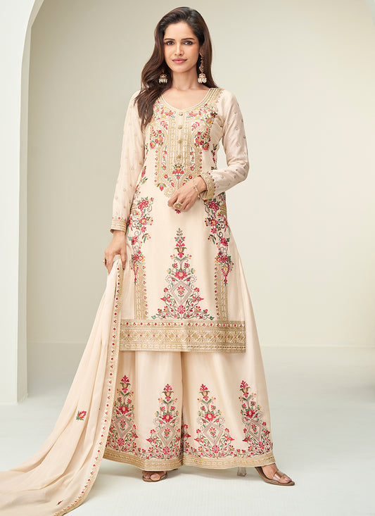 Chinnon Cream Festival Wear Embroidery Work Readymade Plazzo Suit 385429