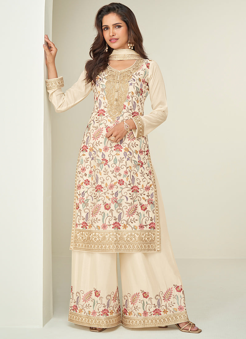 Chinnon Silk Cream Wedding Wear Thread Work Readymade Plazzo Suit 385335