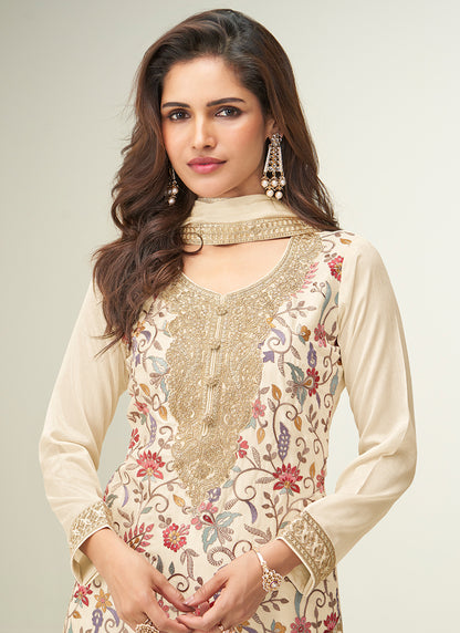 Chinnon Silk Cream Wedding Wear Thread Work Readymade Plazzo Suit 385335